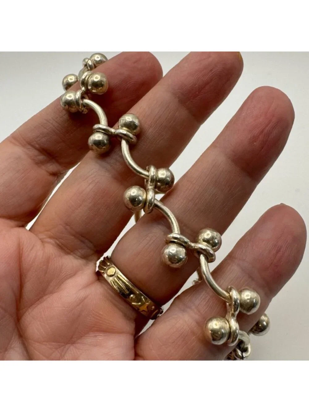 Beaded Curved Bar Link Chain Bracelet Sterling Silver 925 Size 7.25